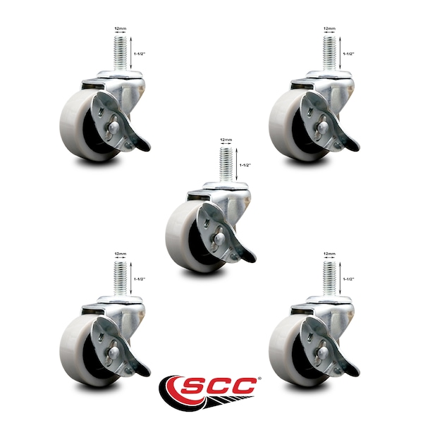 2 Inch Thermoplastic Wheel 12mm Threaded Stem Caster Set with Brakes, 5PK